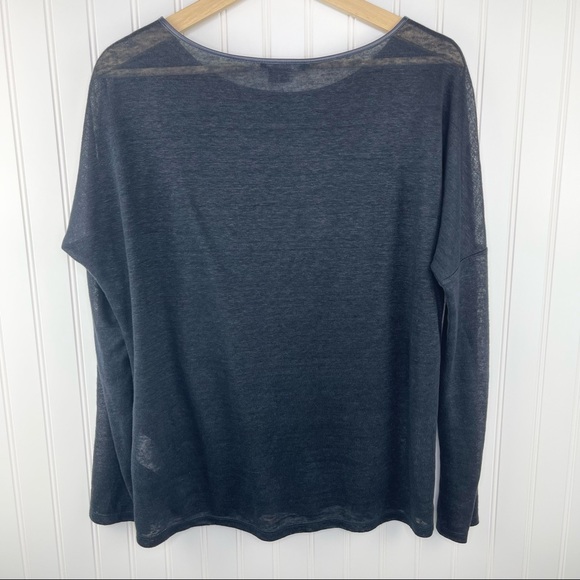 Vince Linen And Lamb Leather Trimmed Long Sleeve Top Navy Blue Size Small - Picture 4 of 7